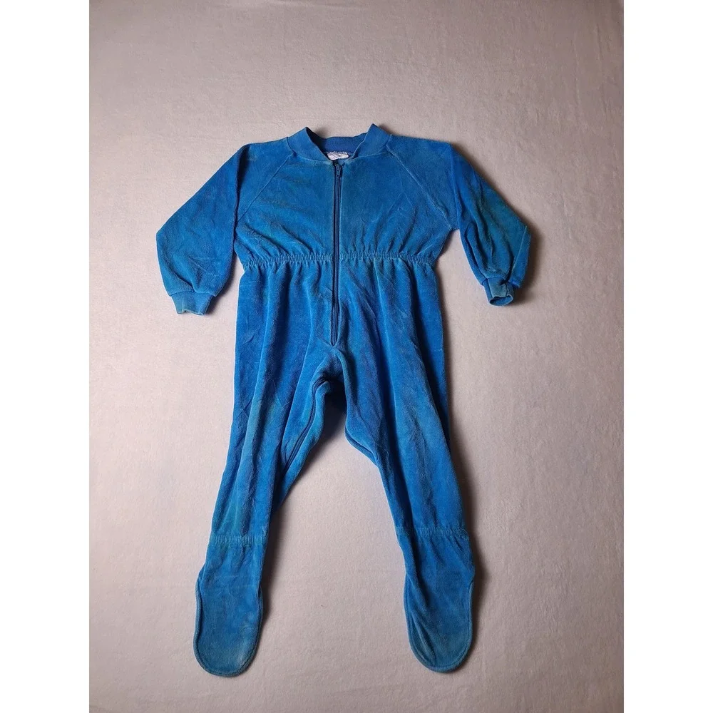 VTG Benay's Basics Footed Sleeper Kids Blue Velour Zip Up Pajamas Y2K Retro 90s